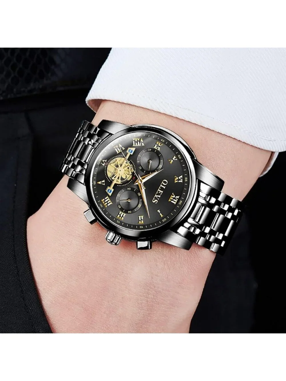Olevs Men's Black Gold Multifunction Waterproof Luminous Chronograph Wrist Watch